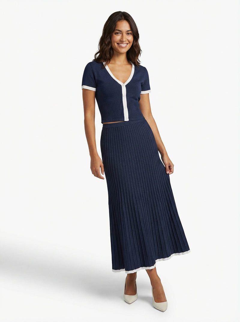 Ribbed Top Skirt Set-sets > top and skirt set-Laventaire-Navy Blue-XS-Laventaire