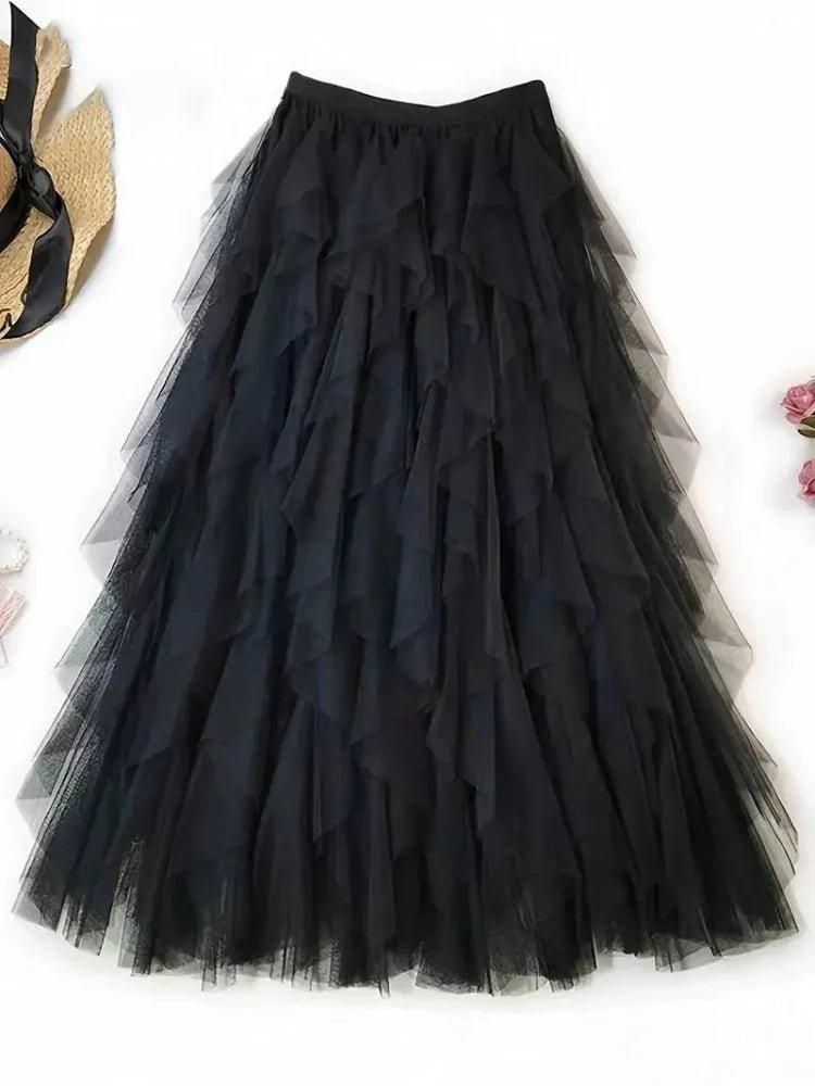Romantic Layered Midi Skirt-Skirts-Laventaire-Black-S-Laventaire