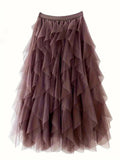 Romantic Layered Midi Skirt-Skirts-Laventaire-Brown-S-Laventaire