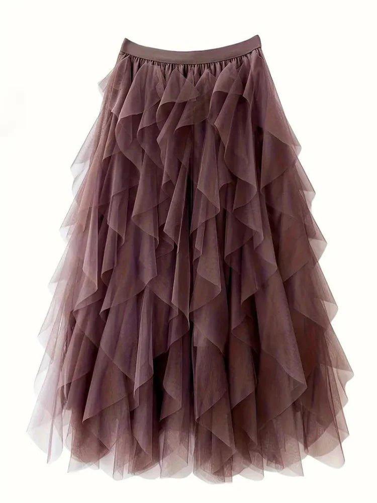 Romantic Layered Midi Skirt-Skirts-Laventaire-Brown-S-Laventaire