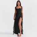 Ruffle Slit Maxi Dress-dresses > maxi dress-Laventaire-Black-XS-Laventaire