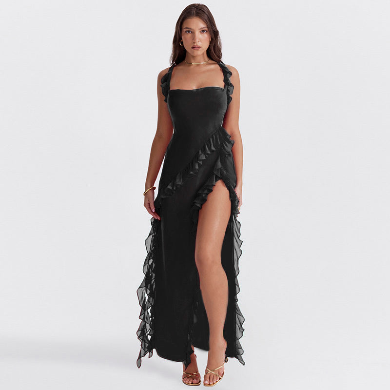 Ruffle Slit Maxi Dress-dresses > maxi dress-Laventaire-Black-XS-Laventaire