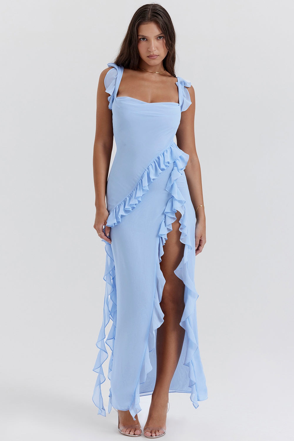 Ruffle Slit Maxi Dress-dresses > maxi dress-Laventaire-Sky Blue-XS-Laventaire