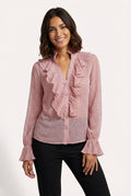 Ruffled Long Sleeve Blouse-tops > blouses-Laventaire-Pink-S-Laventaire