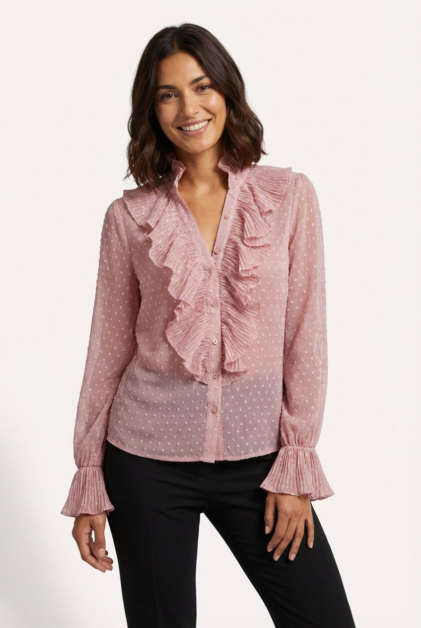 Ruffled Long Sleeve Blouse-tops > blouses-Laventaire-Pink-S-Laventaire