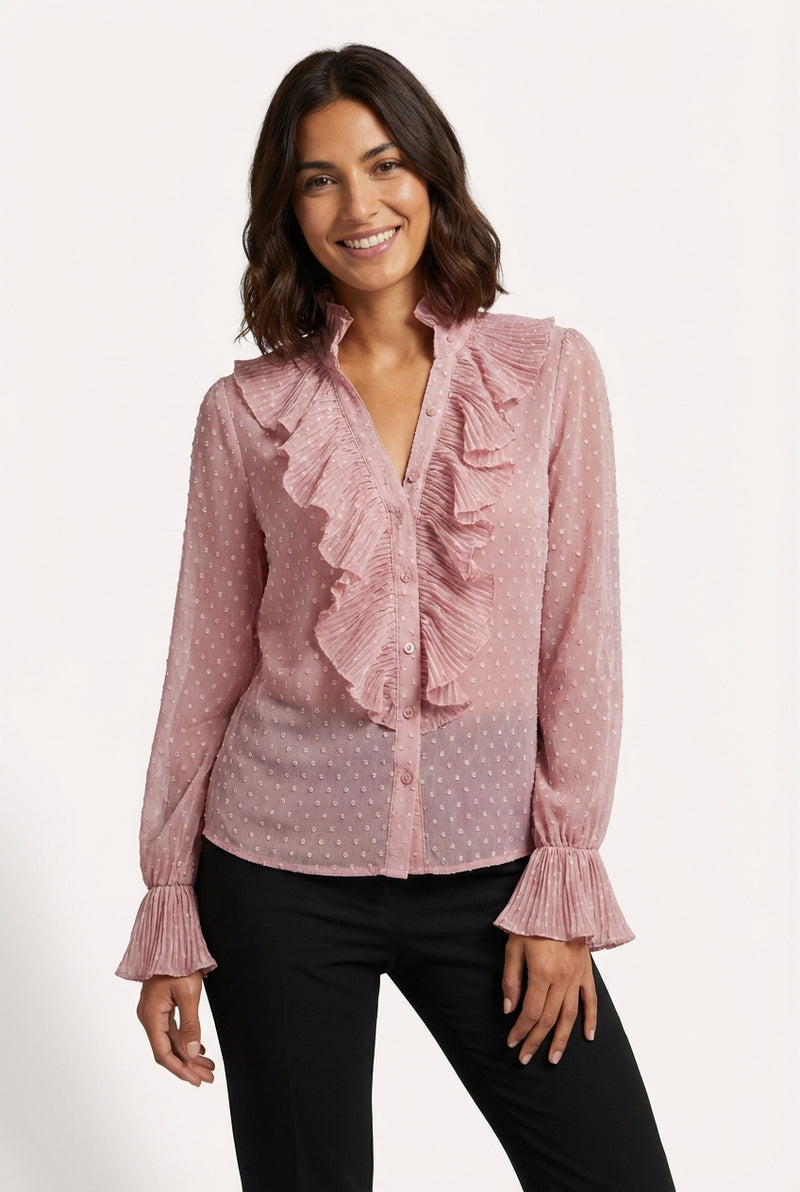 Ruffled Long Sleeve Blouse-tops > blouses-Laventaire-Pink-S-Laventaire