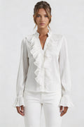 Ruffled Long Sleeve Blouse-tops > blouses-Laventaire-White-S-Laventaire