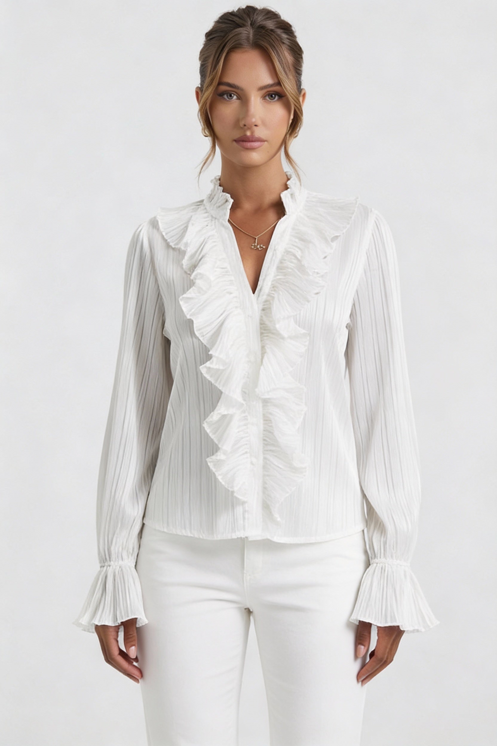 Ruffled Long Sleeve Blouse-tops > blouses-Laventaire-White-S-Laventaire