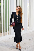 Ruffled V-Neck Knit Set-sets > knit set-Laventaire-Laventaire