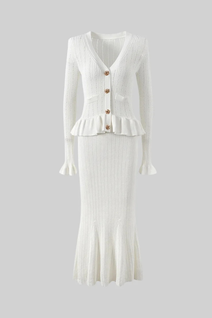 Ruffled V-Neck Knit Set-sets > knit set-Laventaire-Laventaire