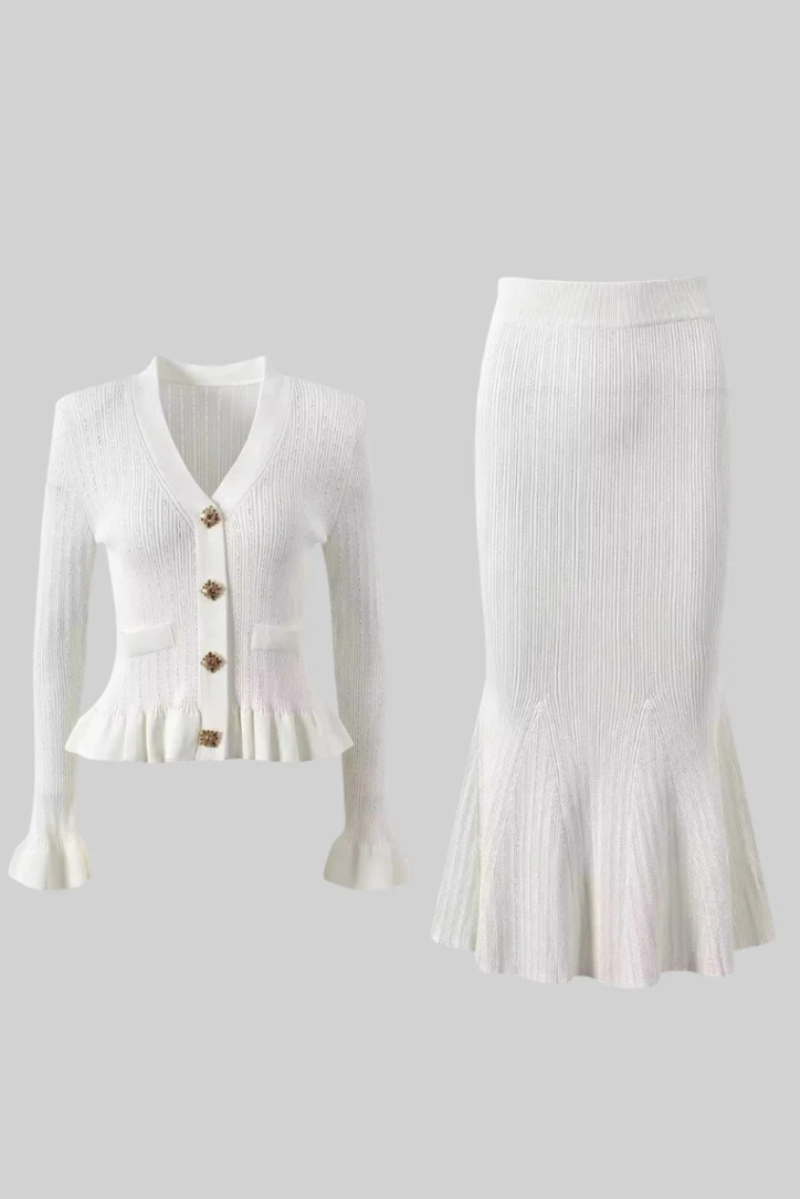 Ruffled V-Neck Knit Set-sets > knit set-Laventaire-Laventaire