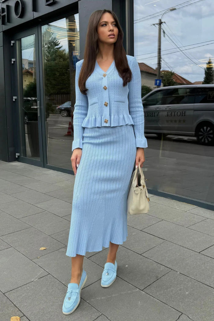 Ruffled V-Neck Knit Set-sets > knit set-Laventaire-Baby Blue-XS-Laventaire