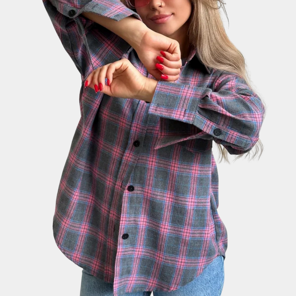 Shacket Checkered Slim Fit-shirts > slim fit shacket-Laventaire-Pink-S-Laventaire