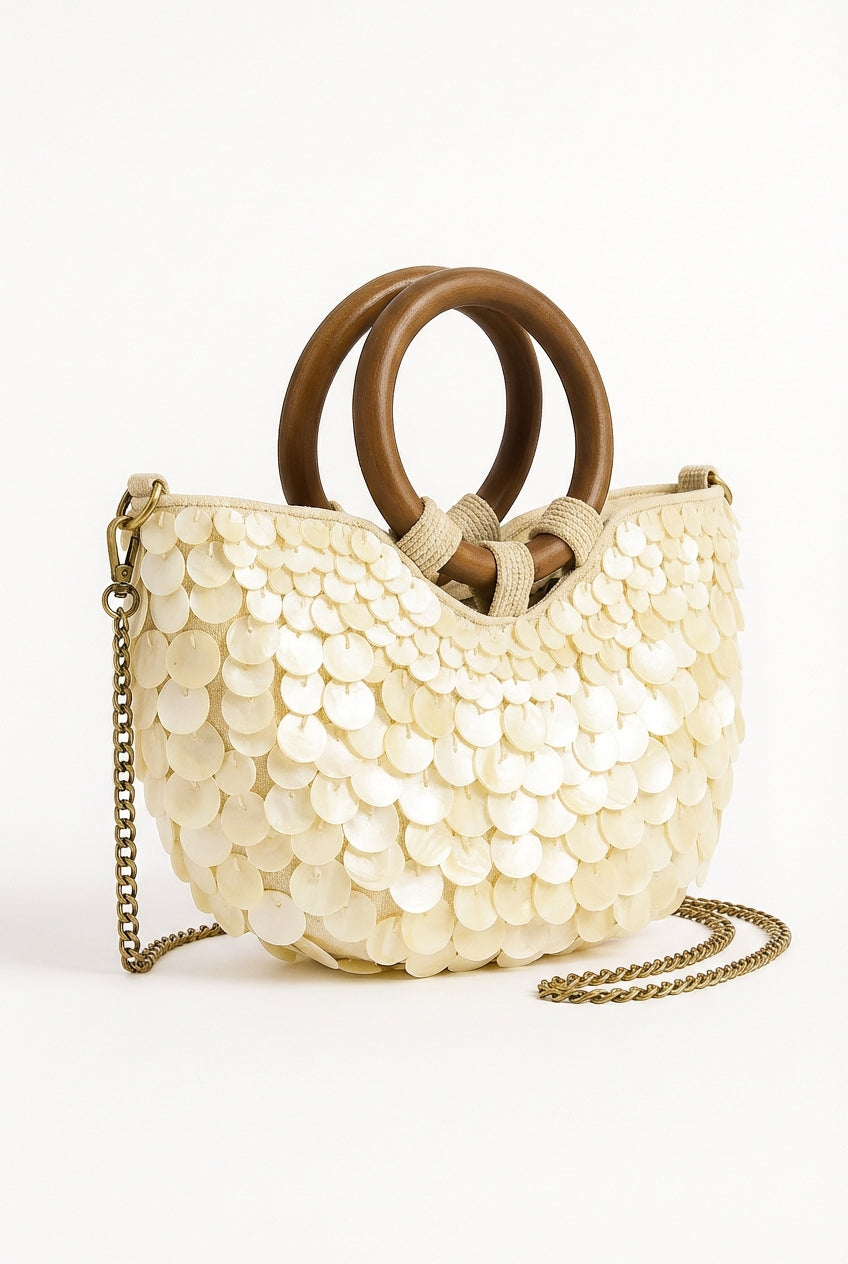 Handcrafted Shell Disc Summer Handbag with Wooden Handles – Laventaire