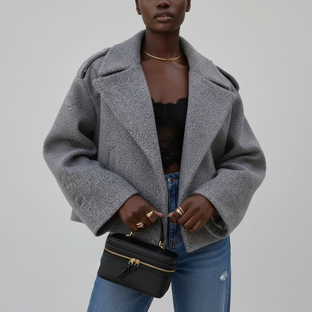 Short Coat V-Neck-outerwear > short coat-Laventaire-Gray-S-Laventaire