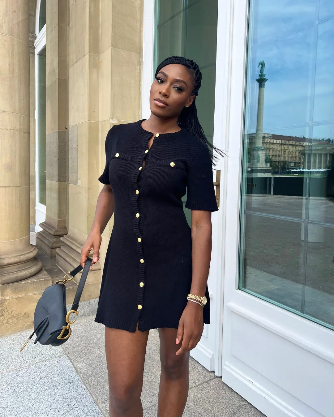 Short Sleeve Cardigan Mini Dress-dresses > mini dress-Laventaire-Black-S-Laventaire