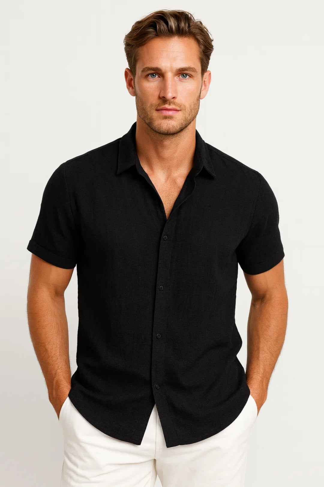 Short Sleeve Casual Shirt-shirts > casual shirts-Laventaire-Black-S-Laventaire