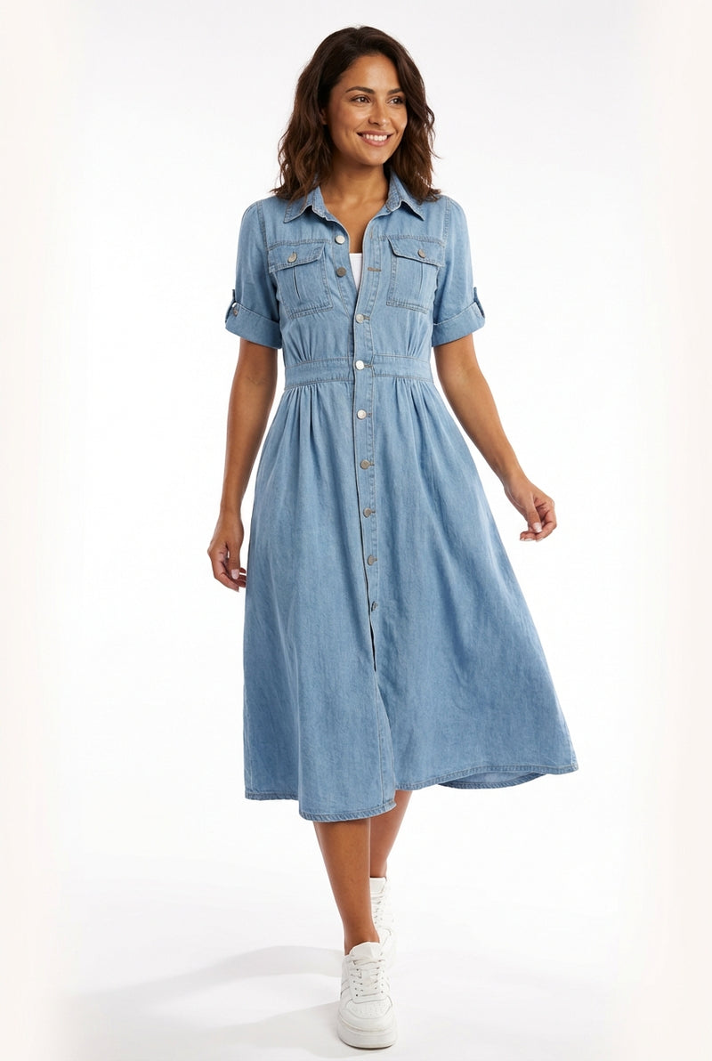 Short Sleeve Midi Dress-dresses > midi dress-Laventaire-Denim Blue-S-Laventaire