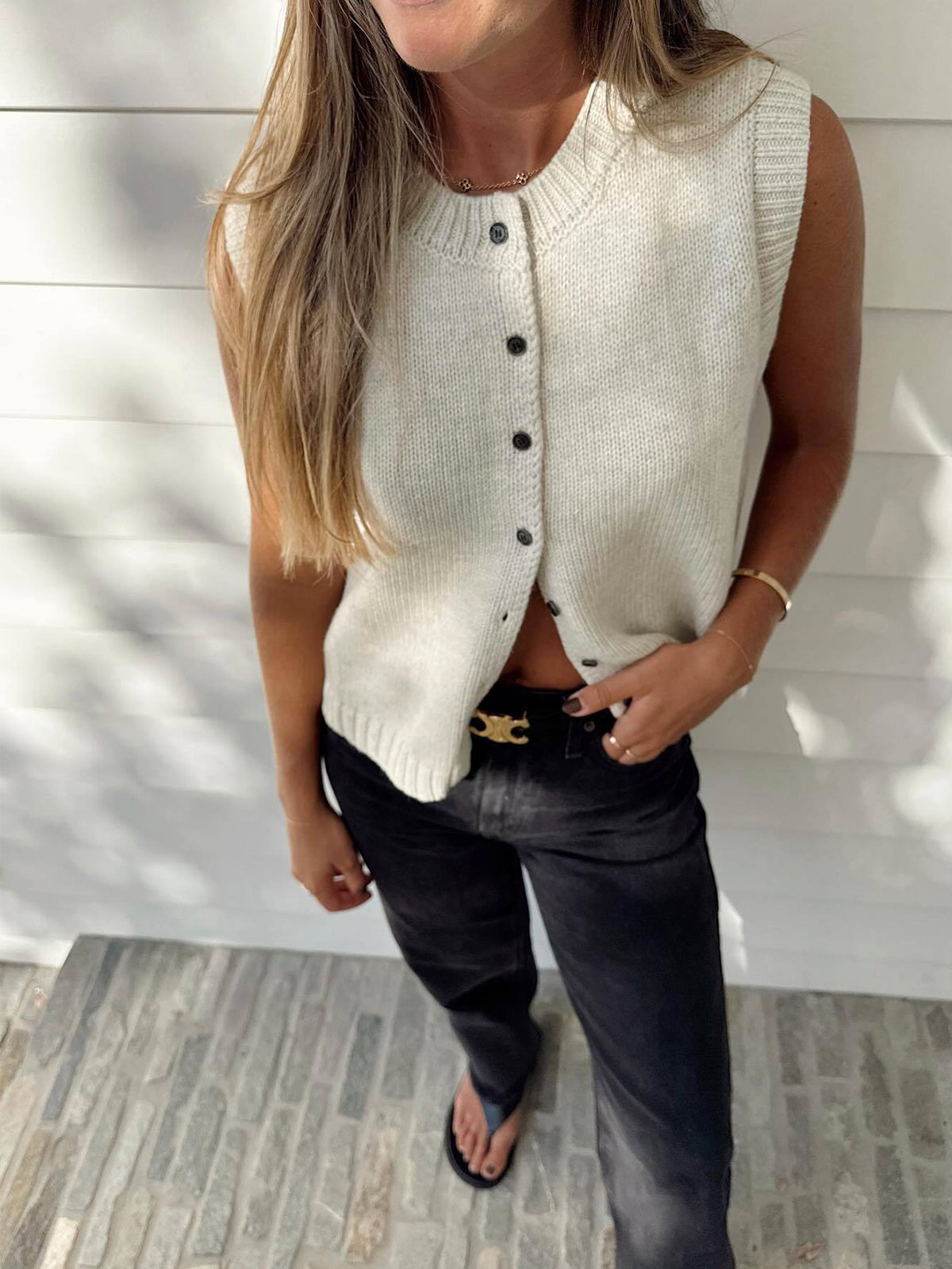 Sleeveless Button Vest-vests > sleeveless vests-Laventaire-Laventaire