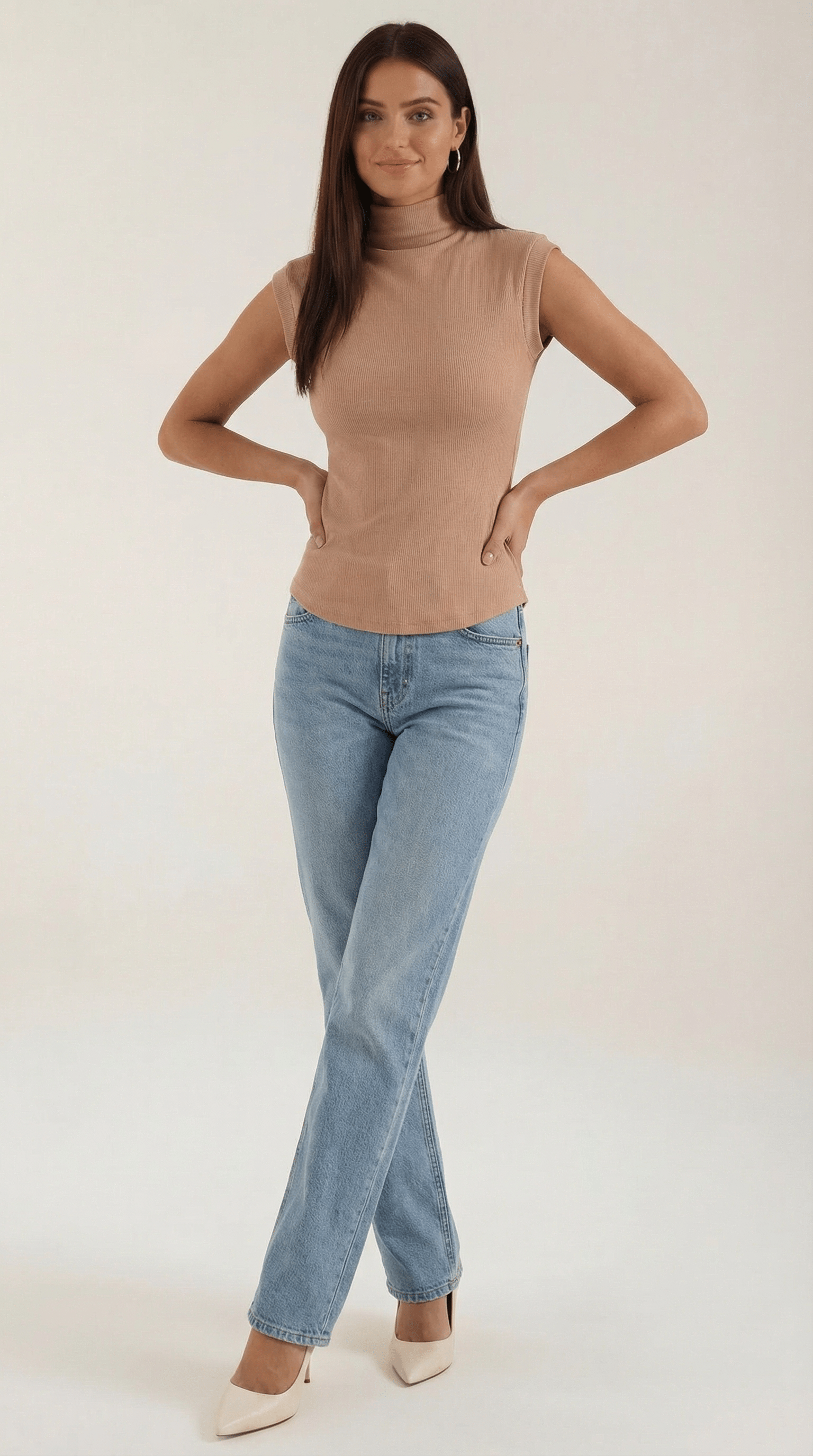 Sleeveless Mock Neck Top-tops > sleeveless tops > mock neck tops-Laventaire-Camel-S-Laventaire