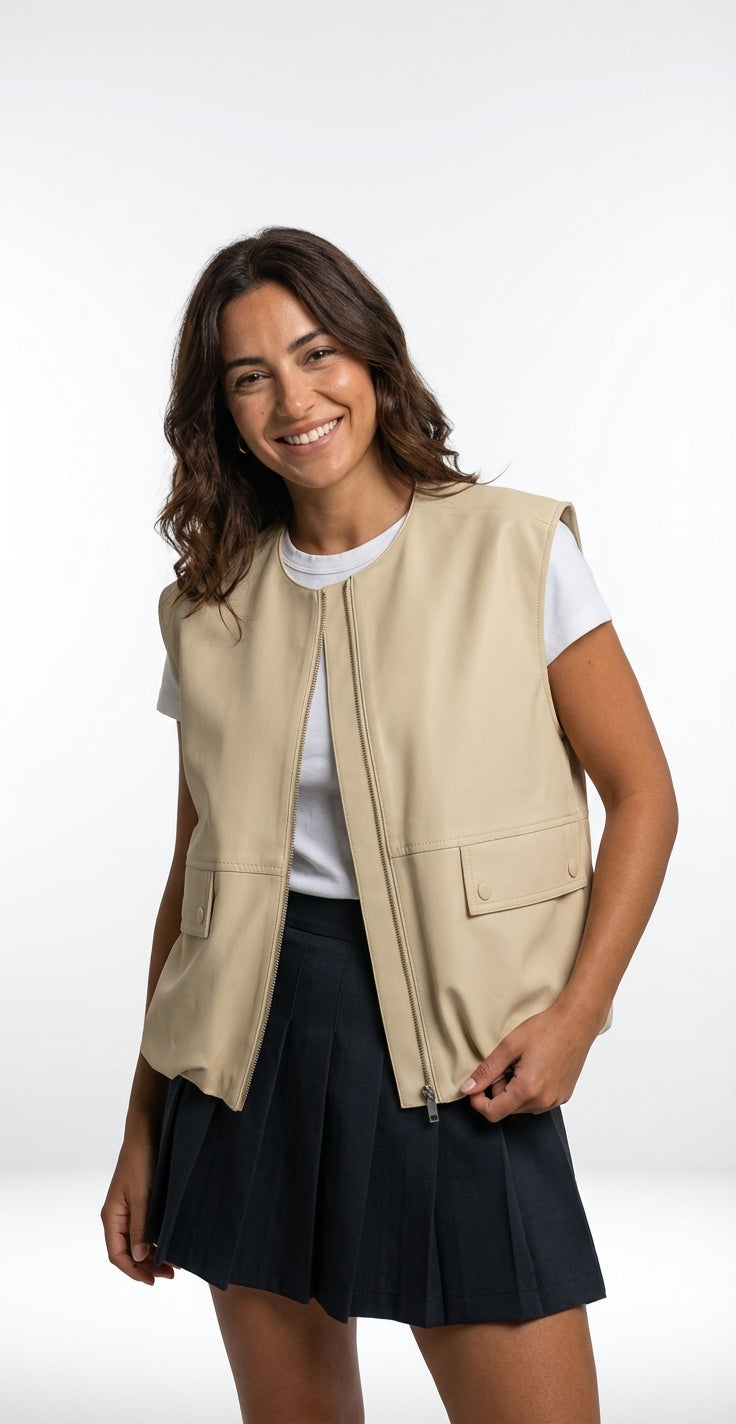 Sleeveless Relaxed Fit Gilet-outerwear > gilet-Laventaire-Beige-S-Laventaire