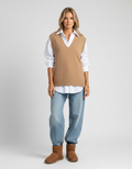 Sleeveless Relaxed Fit Vest-vests > sleeveless vest-Laventaire-Camel-S-Laventaire