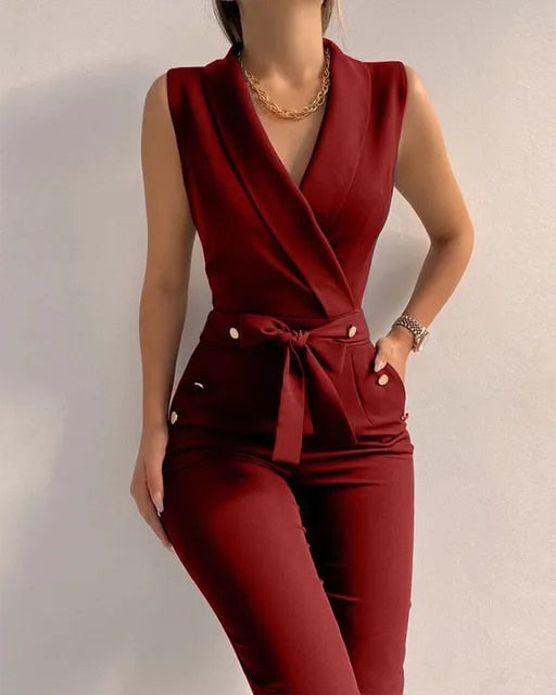 Sleeveless Slim Fit Jumpsuit-jumpsuits > sleeveless jumpsuit-Laventaire-Dark Red-S-Laventaire