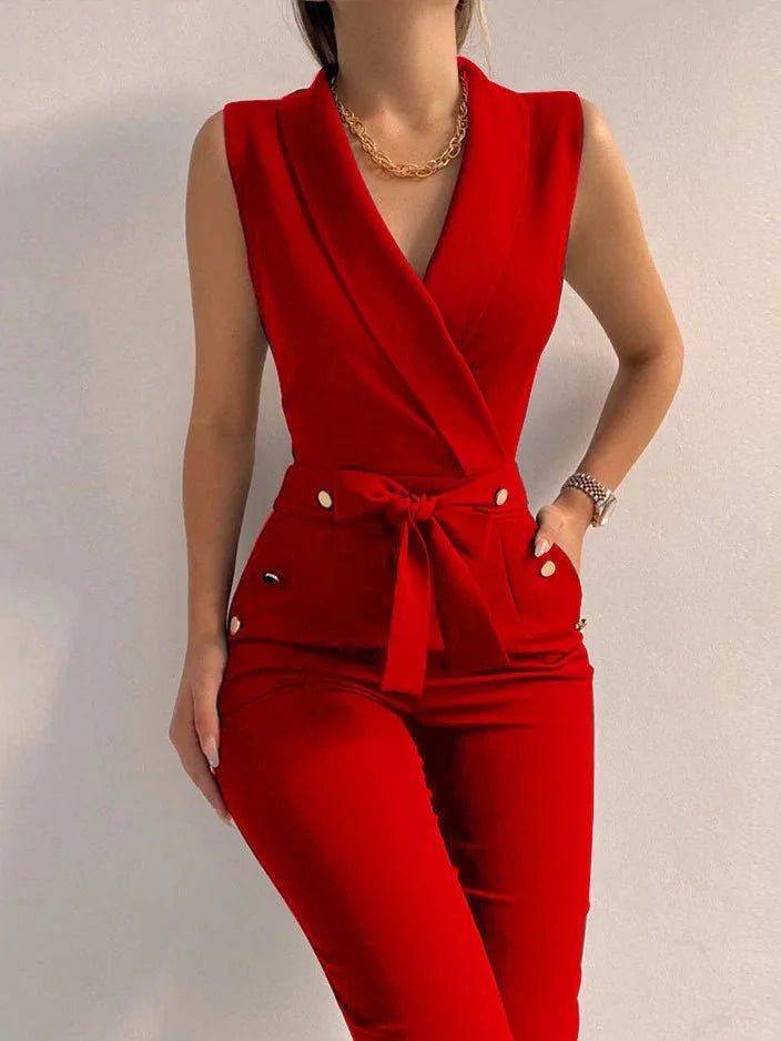 Sleeveless Slim Fit Jumpsuit-jumpsuits > sleeveless jumpsuit-Laventaire-Red-S-Laventaire