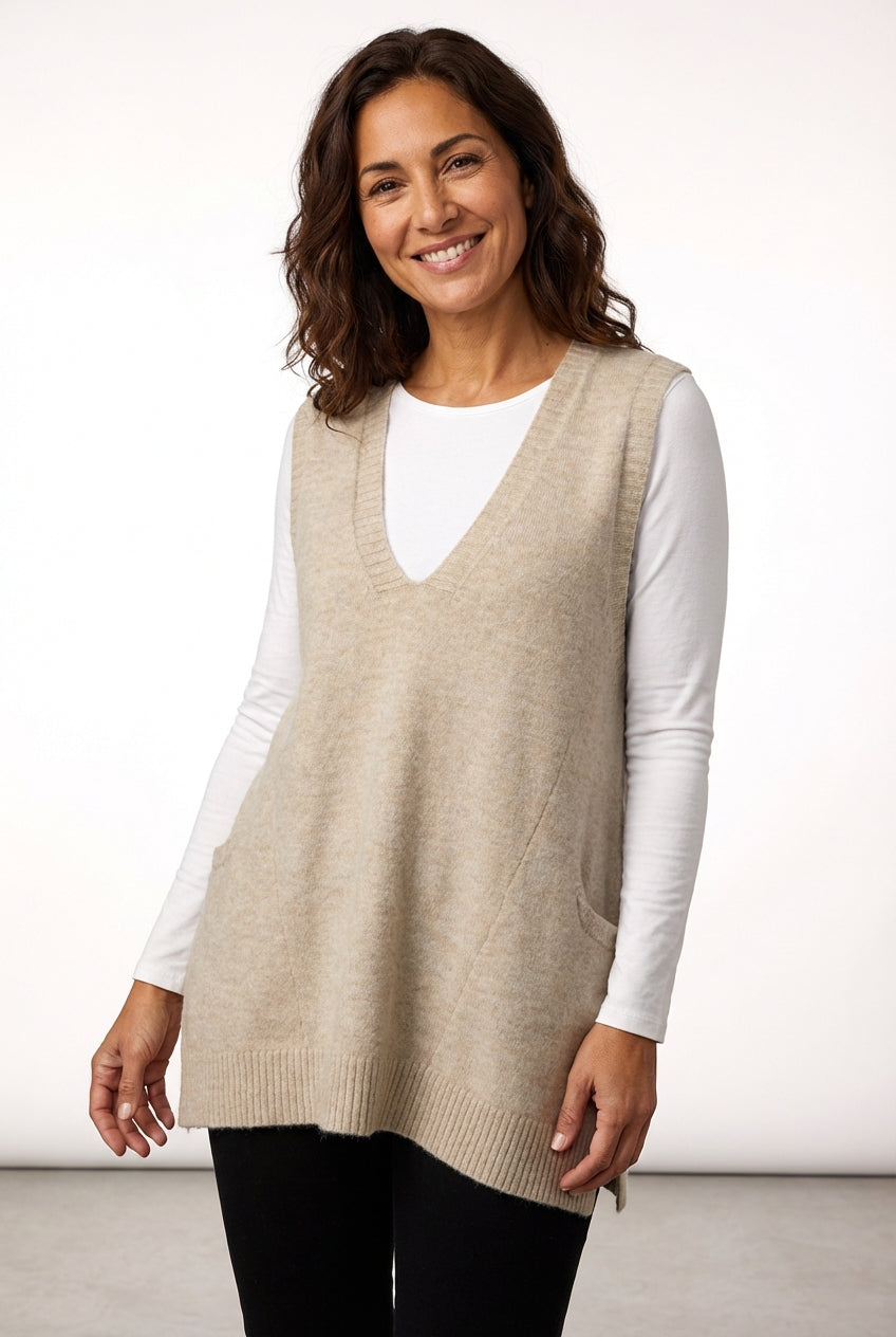 Sleeveless V-Neck Cardigan-cardigans > sleeveless cardigan-Laventaire-Beige-S-Laventaire