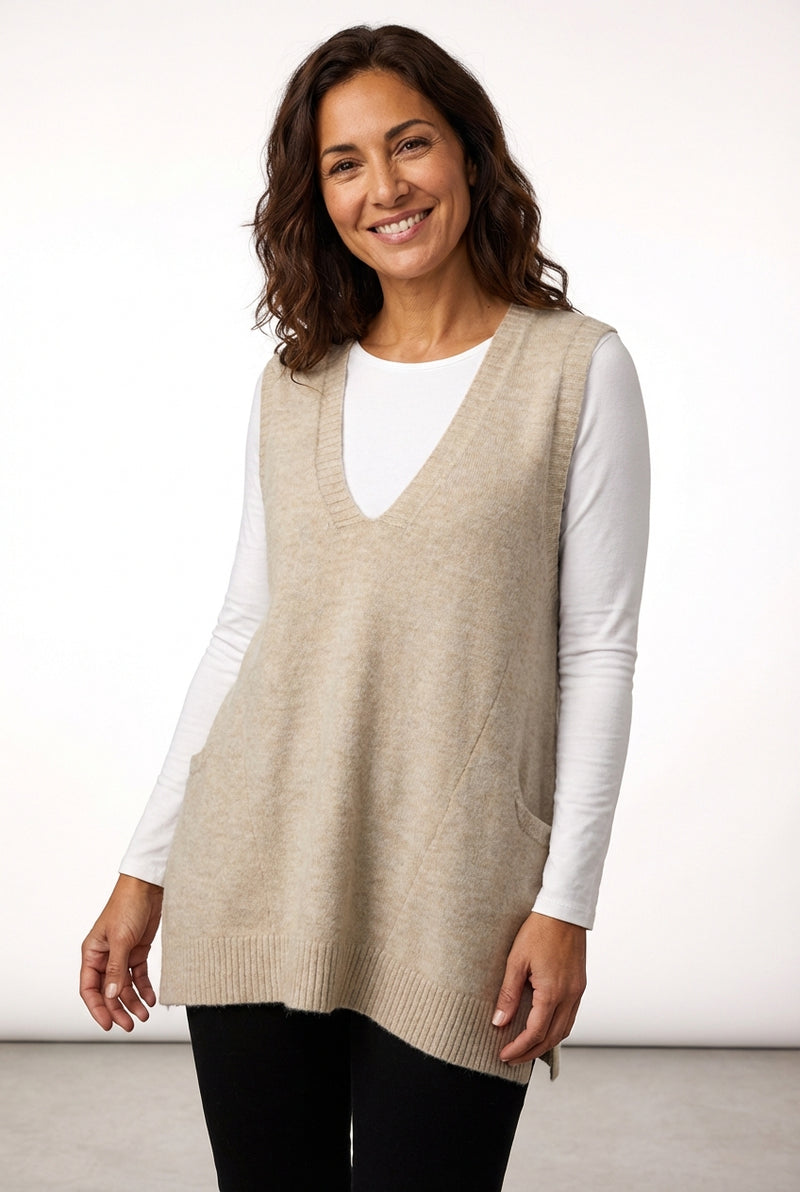Sleeveless V-Neck Cardigan-cardigans > sleeveless cardigan-Laventaire-Beige-S-Laventaire