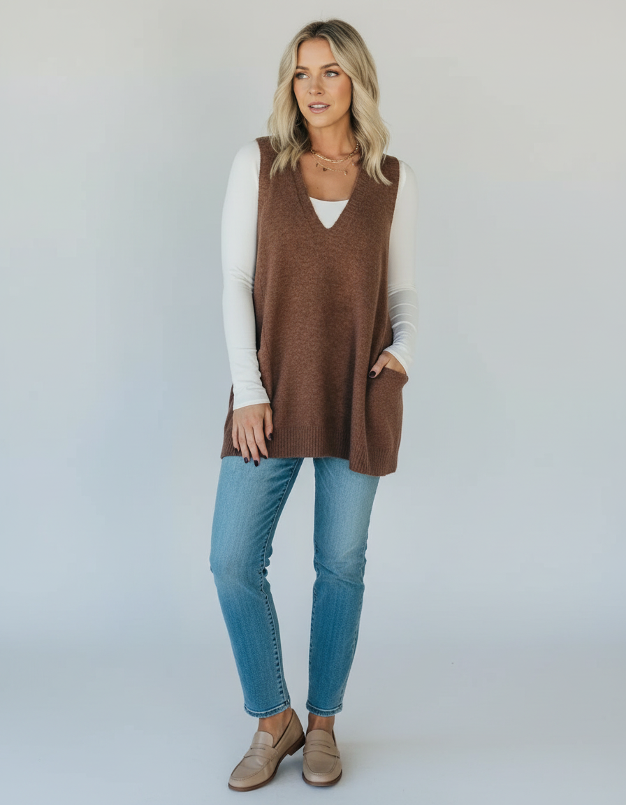 Sleeveless V-Neck Cardigan-cardigans > sleeveless cardigan-Laventaire-Brown-S-Laventaire