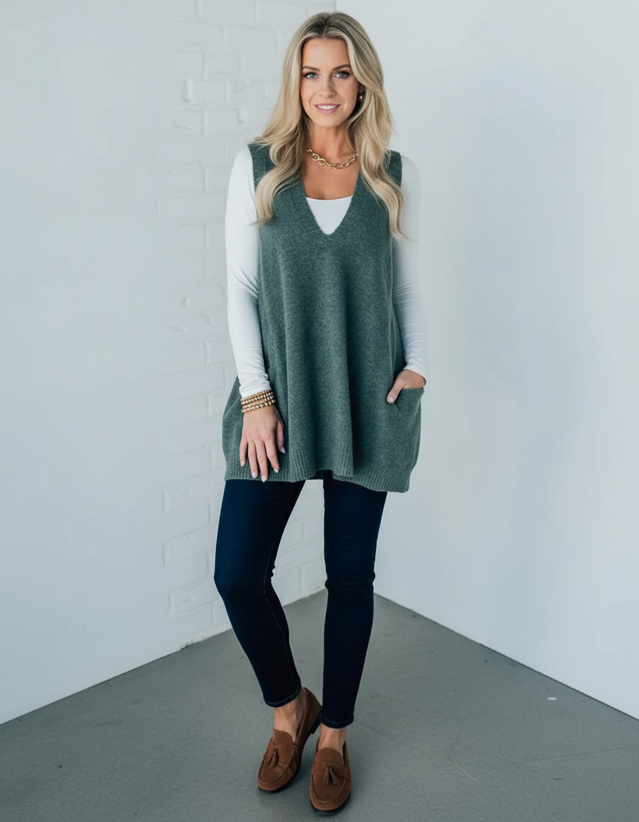 Sleeveless V-Neck Cardigan-cardigans > sleeveless cardigan-Laventaire-Green-S-Laventaire