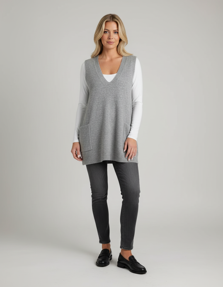 Sleeveless V-Neck Cardigan-cardigans > sleeveless cardigan-Laventaire-Light Gray-S-Laventaire