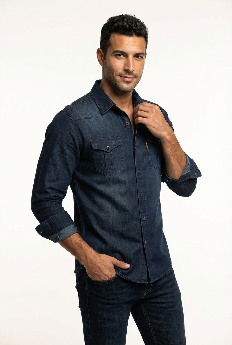 Slim Fit Denim Shirt-shirts > denim shirts-Laventaire-Navy Blue-S-Laventaire