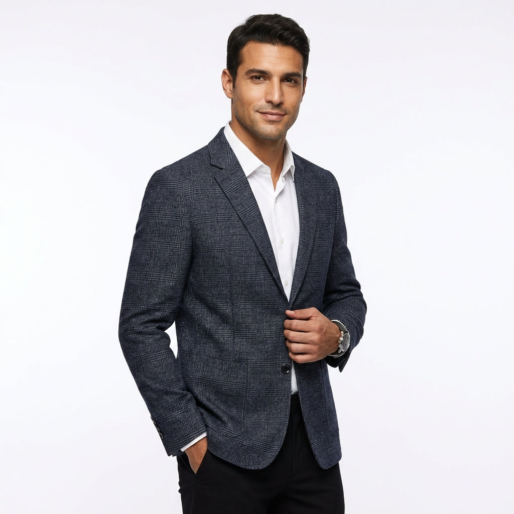 Slim Fit Plaid Blazer-blazers > plaid blazer-Laventaire-Laventaire