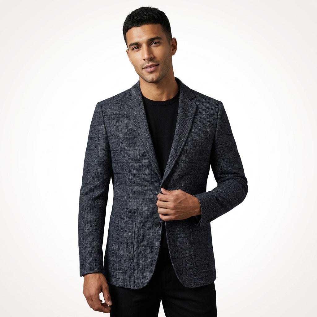 Slim Fit Plaid Blazer-blazers > plaid blazer-Laventaire-Laventaire