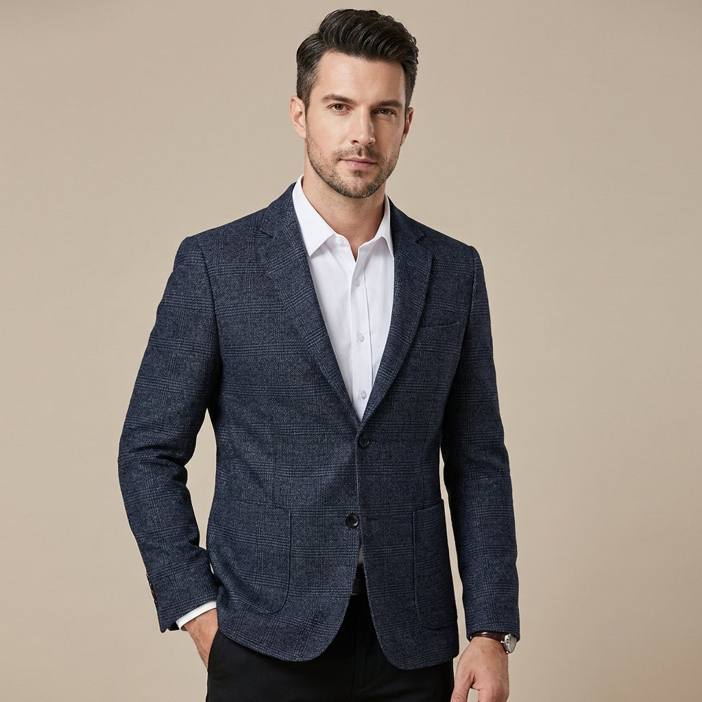 Slim Fit Plaid Blazer-blazers > plaid blazer-Laventaire-Laventaire
