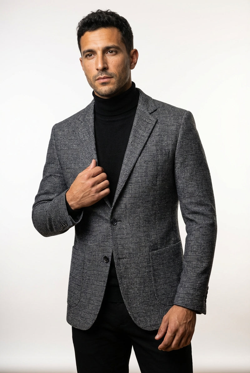 Slim Fit Plaid Blazer-blazers > plaid blazer-Laventaire-Light Gray-M-Laventaire