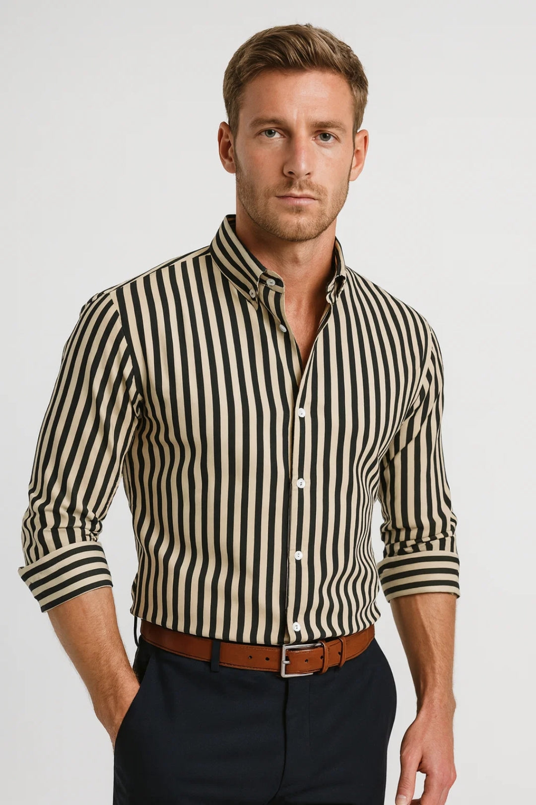 Slim Fit Striped Dress Shirt-shirts > dress shirts-Laventaire-Beige-S-Laventaire