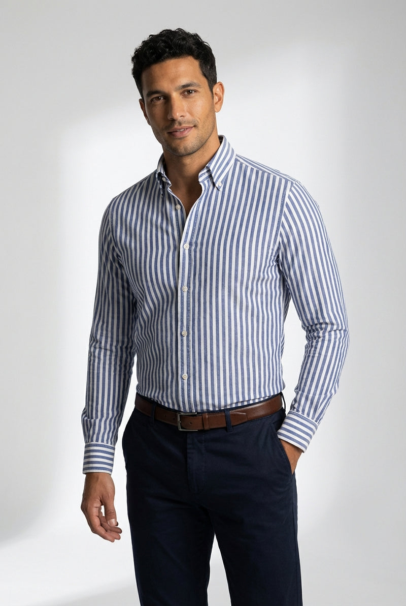 Slim Fit Striped Dress Shirt-shirts > dress shirts-Laventaire-Dark Blue-S-Laventaire