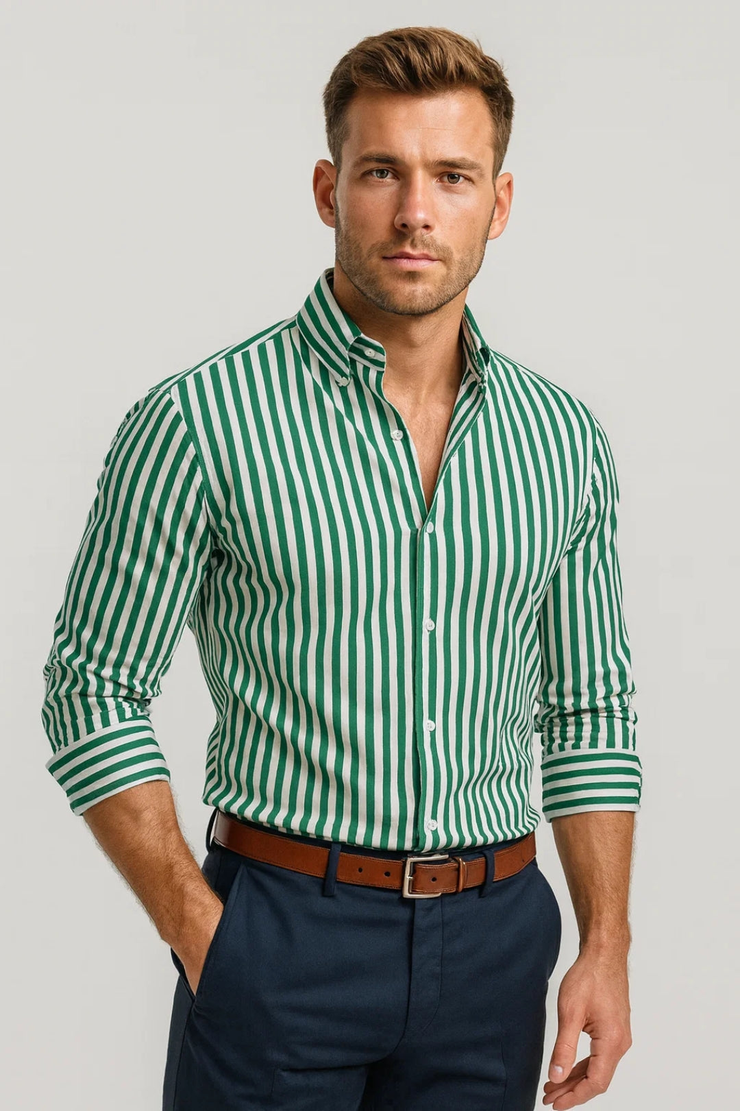 Slim Fit Striped Dress Shirt-shirts > dress shirts-Laventaire-Green-S-Laventaire