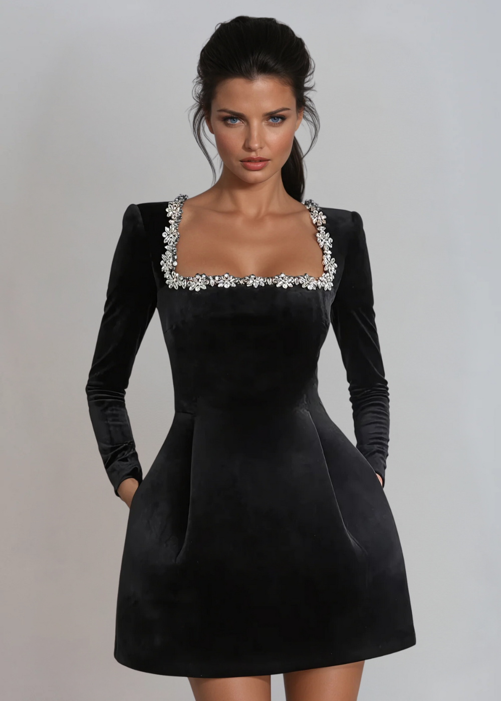 Square Neck Evening Mini Dress-dresses > evening dress-Laventaire-Laventaire