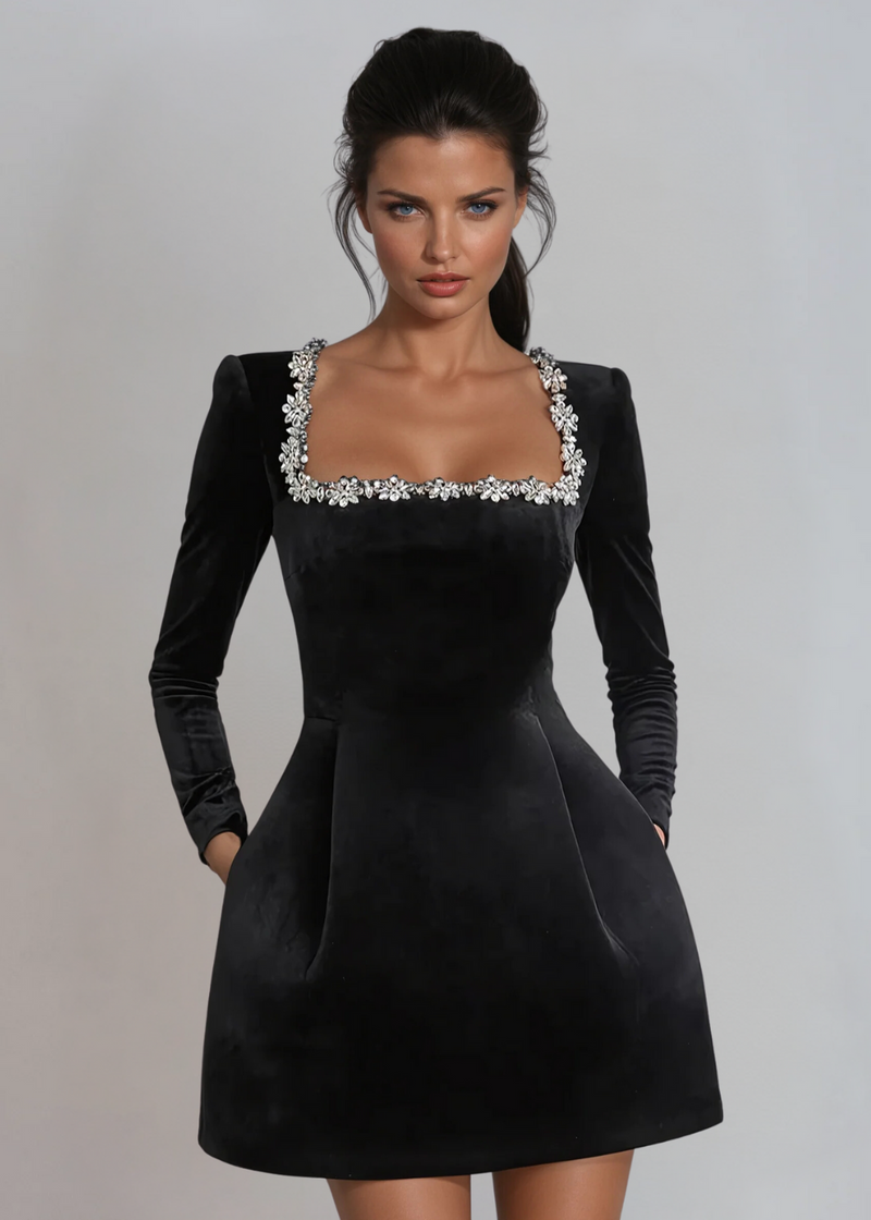 Square Neck Evening Mini Dress-dresses > evening dress-Laventaire-Laventaire