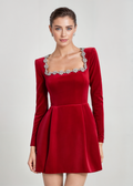 Square Neck Evening Mini Dress-dresses > evening dress-Laventaire-Red-S-Laventaire