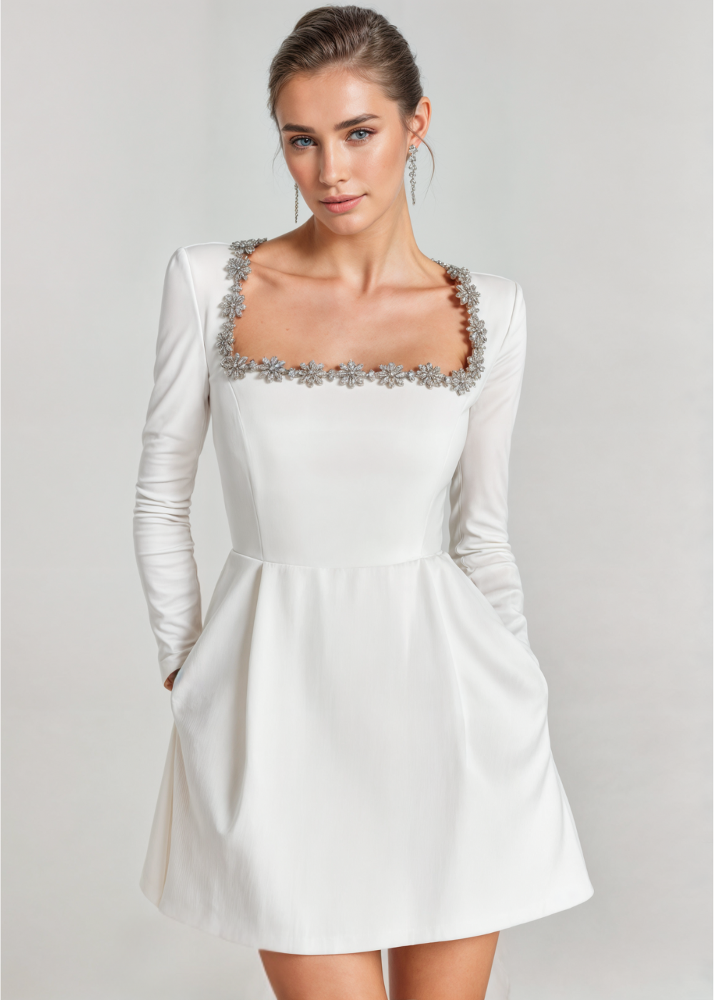 Square Neck Evening Mini Dress-dresses > evening dress-Laventaire-White-S-Laventaire