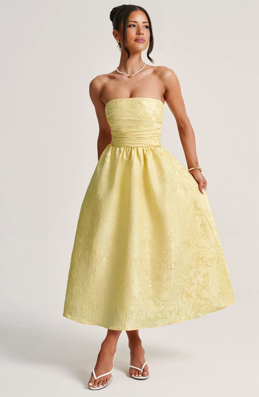 Strapless A-Line Midi Dress-dresses > midi dress-Laventaire-Pastel Yellow-XS-Laventaire