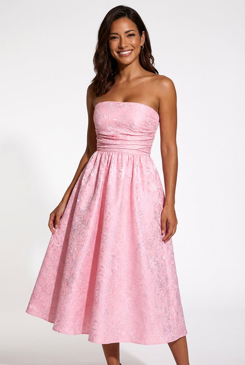 Women's Modern Strapless A-Line Midi Dress with Fitted Bodice – Laventaire