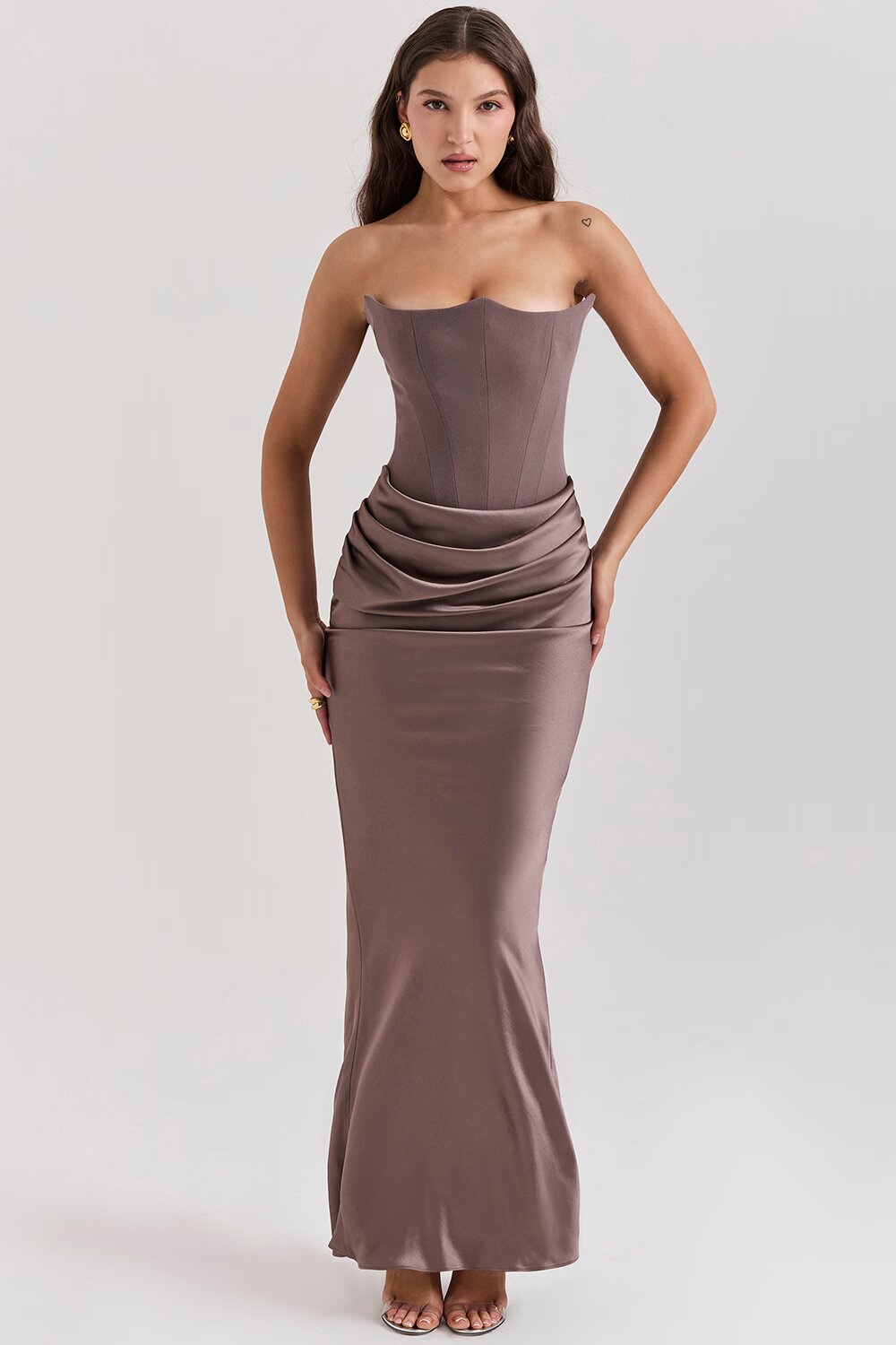 Strapless Bodycon Maxi Dress-dresses > maxi dress-Laventaire-Taupe-XS-Laventaire