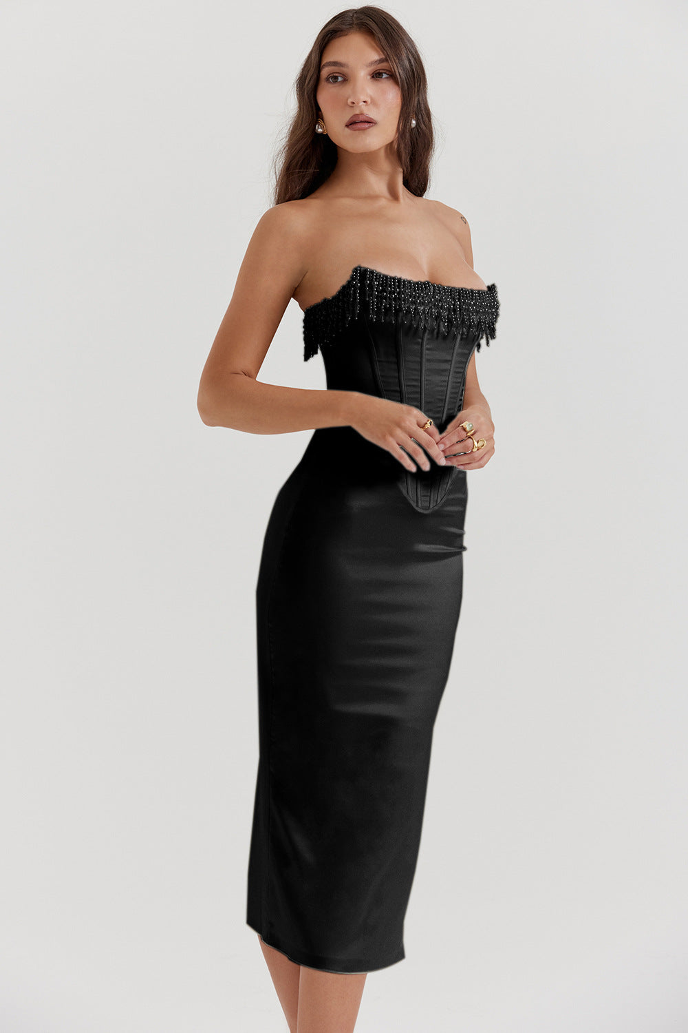 Strapless Evening Midi Dress-dresses > evening dress-Laventaire-Laventaire