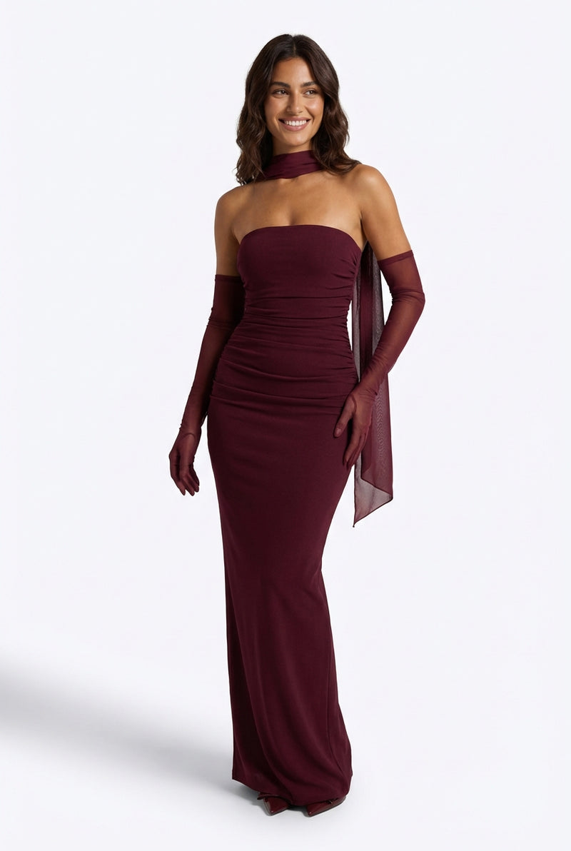 Strapless Formal Maxi Dress-dresses > maxi dress-Laventaire-Burgundy-S-Laventaire